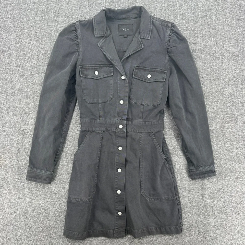 Rails‎ Lisette Carbon Black Button Down Puff Sleeve Mini Dress Denim Preppy  XS - Picture 2 of 8